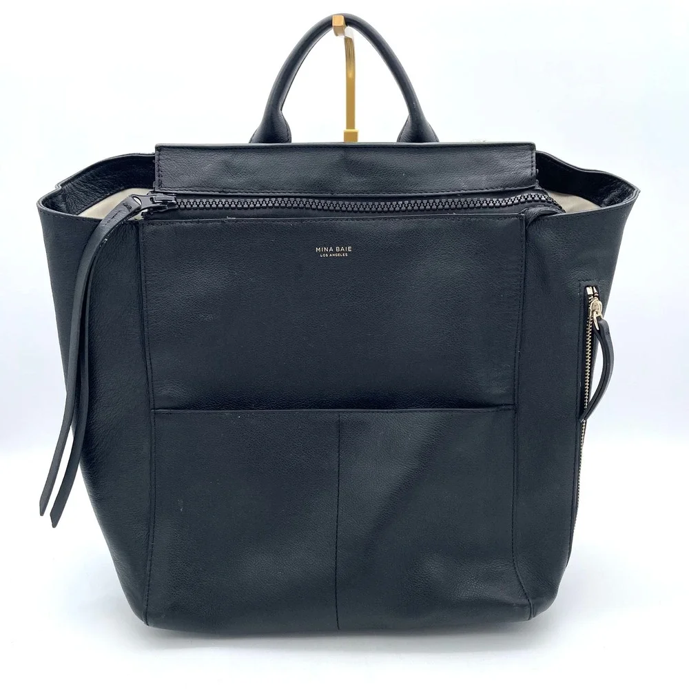 Mina Baie Diaper Bag Leather Backpack Women Large Black Good Condition